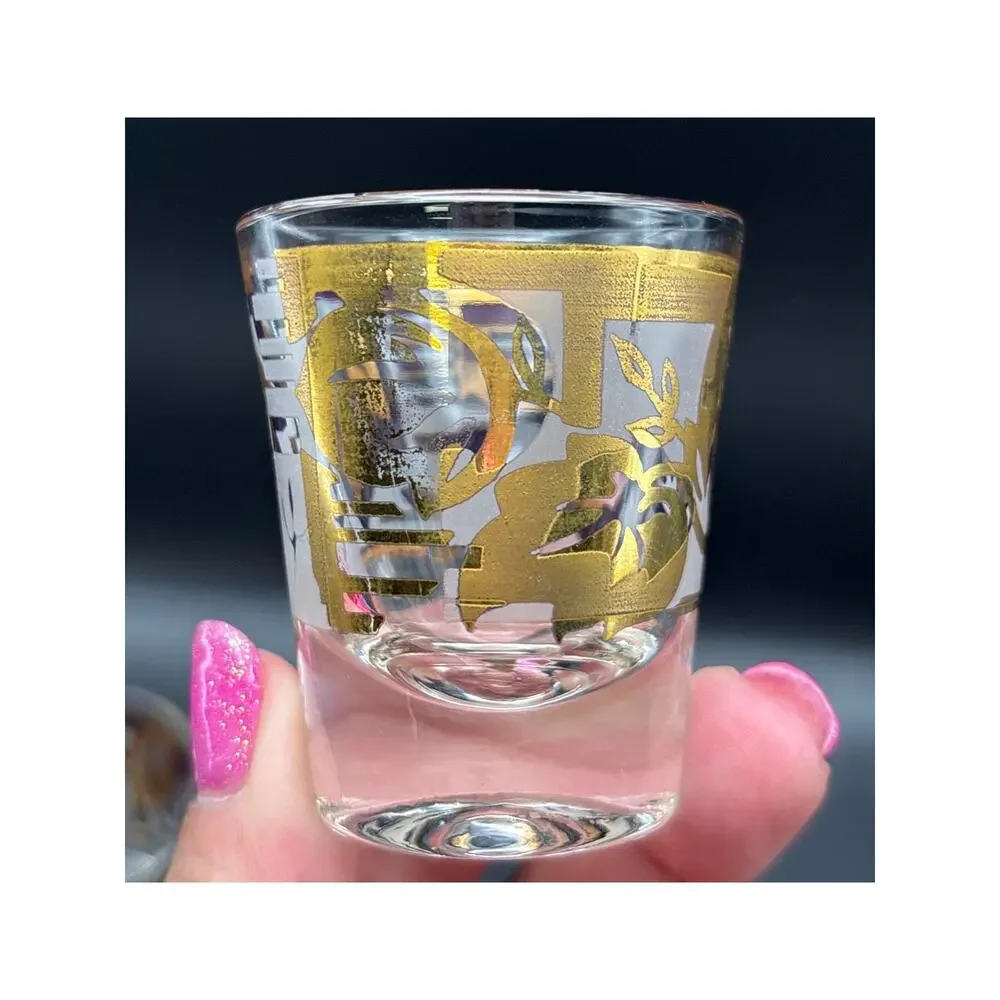 Hollywood Regency Gold Leaf Frosted Shot Glasses Set of Two Retro Bar Essentials
